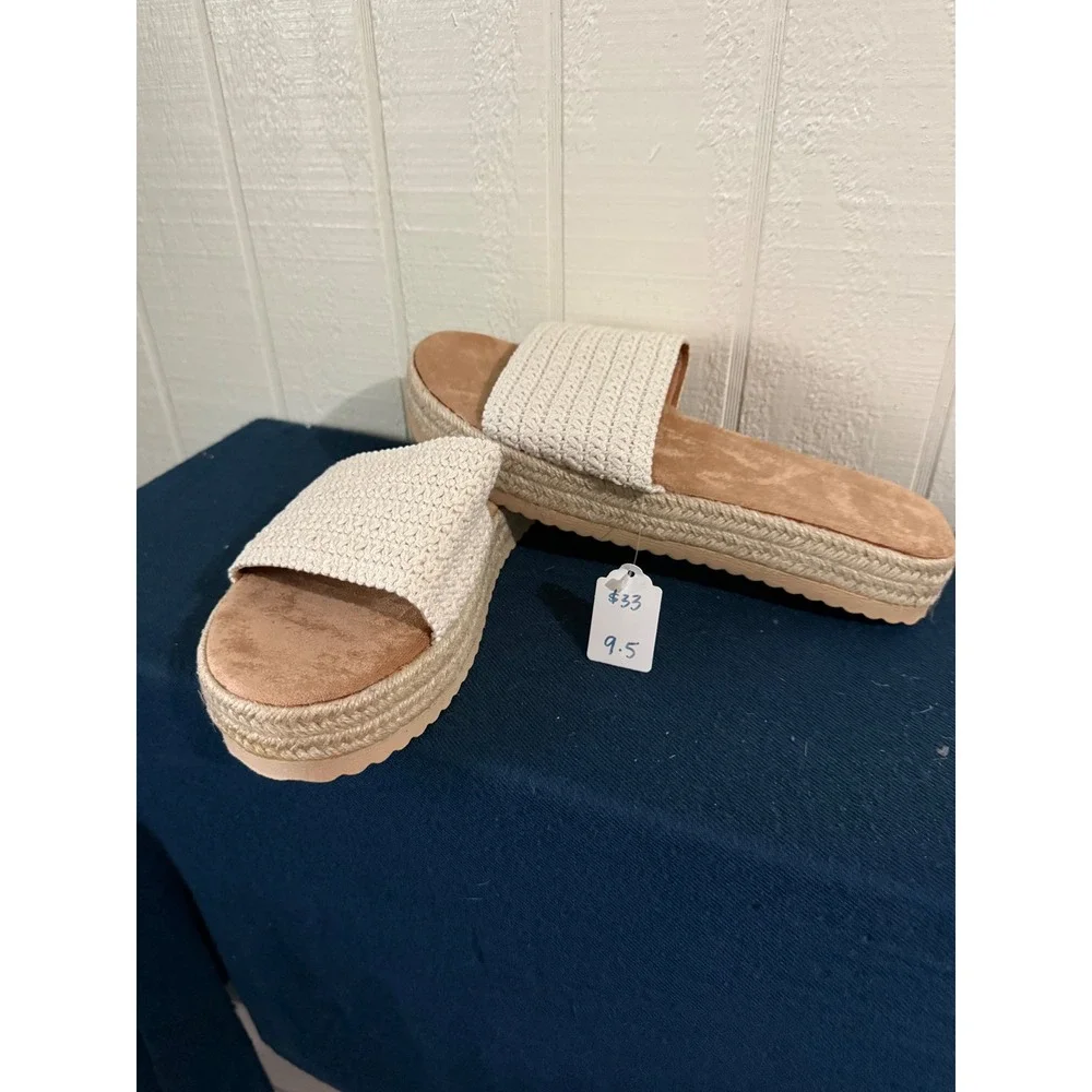 Handmade Crochet Platform Espadrille Slides Off-White Woven Sandals Size 9.5